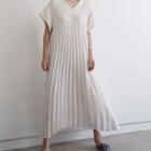 V-neck Plain Pleated Midi A-line Dress Milky White - One Size