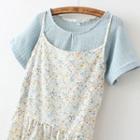 Set: Floral Print Spaghetti Strap Dress + Open Knit Short Sleeve T-shirt
