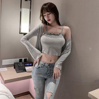 Set: Frilled Trim Camisole + Long-sleeve Open-front Top