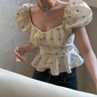 Puff-sleeve Flower Embroidered Peplum Blouse