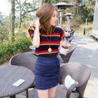 Frilled Stripe Short-sleeve Knit Sweater