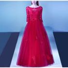 3/4-sleeve A-line Lace Evening Gown