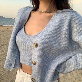 Jogger Pants / Set: Plain Cardigan + Sleeveless Knit Top