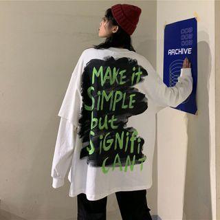 Panel-sleeve Round Neck Lettering Sweatshirt