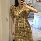 Short-sleeve Plaid Double Breasted Mini Dress Yellow - One Size