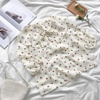 Floral Lace-up 3/4-sleeve Chiffon Blouse