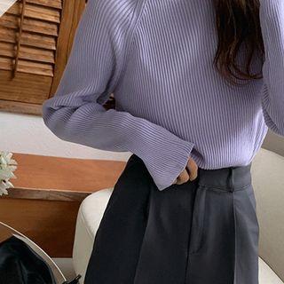 Round-neck Ribbed Knit Top Purple - One Size