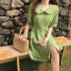 Short-sleeve Collared A-line Dress Avocado Green - One Size