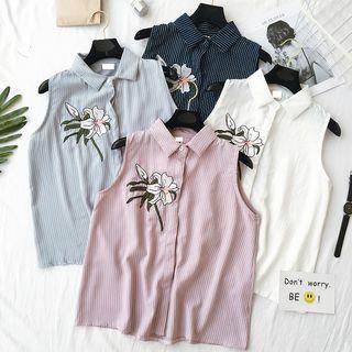 Flower Embroidered Striped Sleeveless Shirt