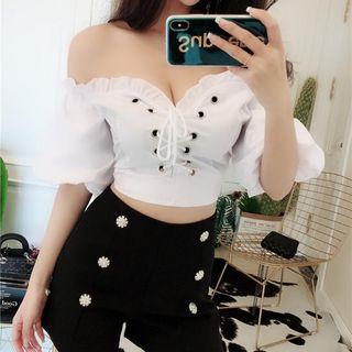 Set: Lace Up Frill Trim Off-shoulder Top + Shorts