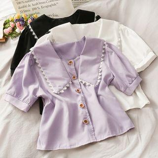 Lace-trim Puff-sleeve Crop Blouse
