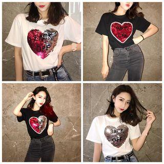 Sequined Heart Short Sleeve Tee
