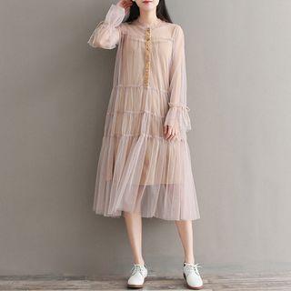 Set: Long-sleeve Tiered Mesh Dress + Slipdress