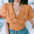Balloon-sleeve Floral Embroidered Cutout Blouse
