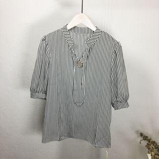 Pinstriped Split Neck Elbow Sleeve Shirt