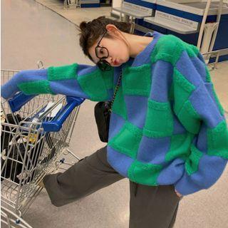Checker Print Sweater Blue & Green - One Size