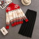 Set: Turtleneck Pattern Sweater + Midi Knit Skirt Set - Sweater - Red - One Size / Midi Skirt - Black - One Size