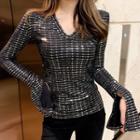 Sequined V-neck Long-sleeve T-shirt As Shown In Figure - One Size