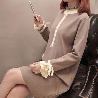 Long-sleeve Ruffle-trim Knit Dress