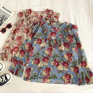 Floral V-neck Ruffled-trim Long-sleeve Blouse