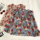 Floral V-neck Ruffled-trim Long-sleeve Blouse