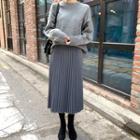 Band-waist Accordion-pleat Long Skirt Dark Gray - One Size