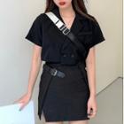 Short-sleeve Cropped Blouse / Side-slit Mini Pencil Skirt