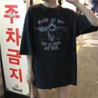 Elbow-sleeve Oversized Printed T-shirt Dark Gray - One Size