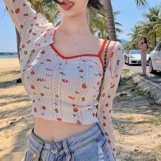 Strawberry Print Cropped Camisole Top / Cardigan