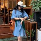 Short-sleeve Denim Mini Shirtdress Blue - One Size