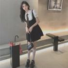 Blouse With Necktie / Pleated Mini A-line Overall Dress