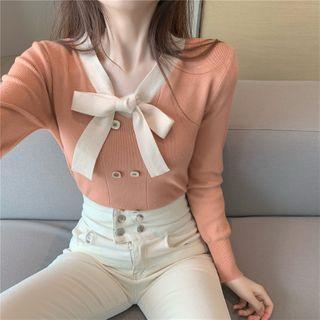 Tie Neck Long-sleeve Plain Knit Top