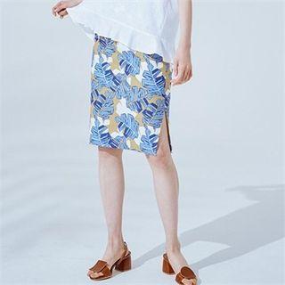 Slit-side Leaf-pattern Linen Blend Skirt
