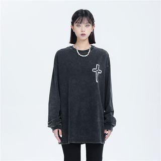 Long-sleeve Cross Washed Loose-fit T-shirt