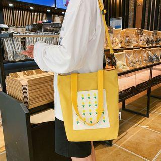 Flower Embroidered Canvas Shopper Bag With Shoulder Strap