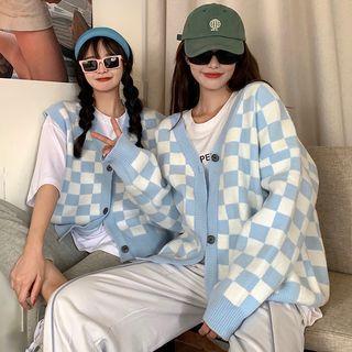 Long-sleeve Checkerboard Button-up Loose-fit Cardigan / Vest