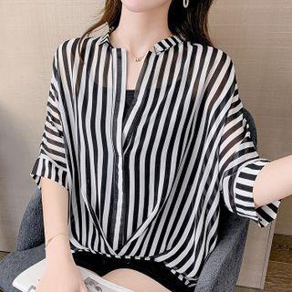 Elbow-sleeve Striped Open-collar Chiffon Blouse