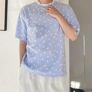 Elbow-sleeve Floral Mesh T-shirt