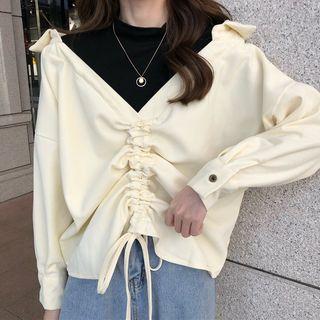 Mock Two-piece Drawstring Cropped Pullover