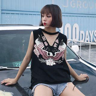 Eagle Print Sleeveless Cut Out T-shirt
