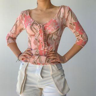 V-neck Flower Printed Lace Up Top