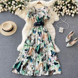 Round-neck Short-sleeve Butterfly Print Dress