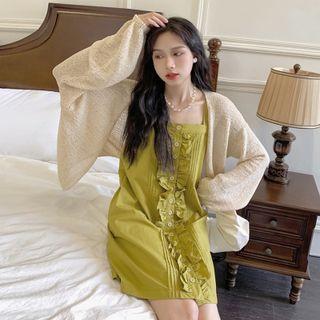 Ruffled Overall Dress + Light Cardigan