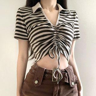 Polo Neck Striped Drawstring Short Sleeve Crop T-shirt