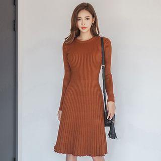 Ribbed Long-sleeve A-line Knit Dress Chocolate - One Size