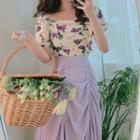 Short-sleeve Floral Print Blouse / Ruched Midi Skirt