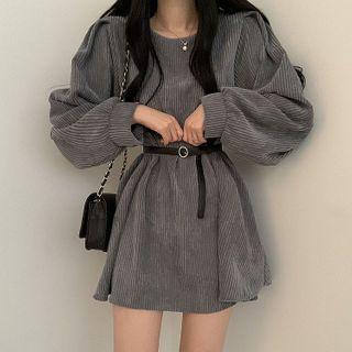 Puff-sleeve Plain Corduroy Dress
