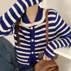 Peter Pan-collar Long-sleeve Striped Cut Out Cardigan Blue - One Size