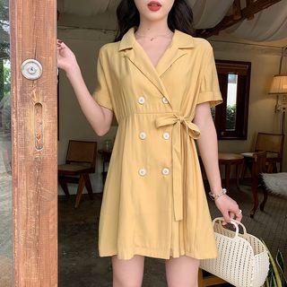 Short-sleeve Double Breast Drawstring Waist Dress