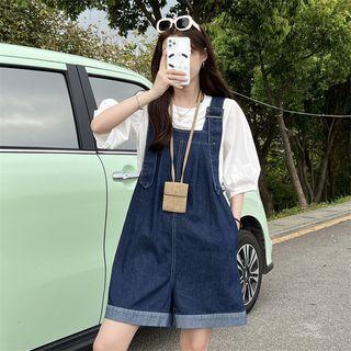 Denim Wide Leg Jumper Shorts / Puff-sleeve Blouse